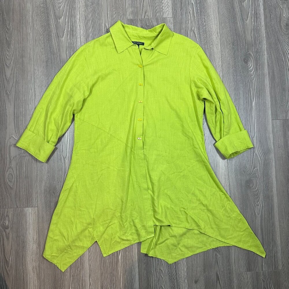 For Cynthia Green Linen Blend Tunic L Asymmetrical Button Down‎